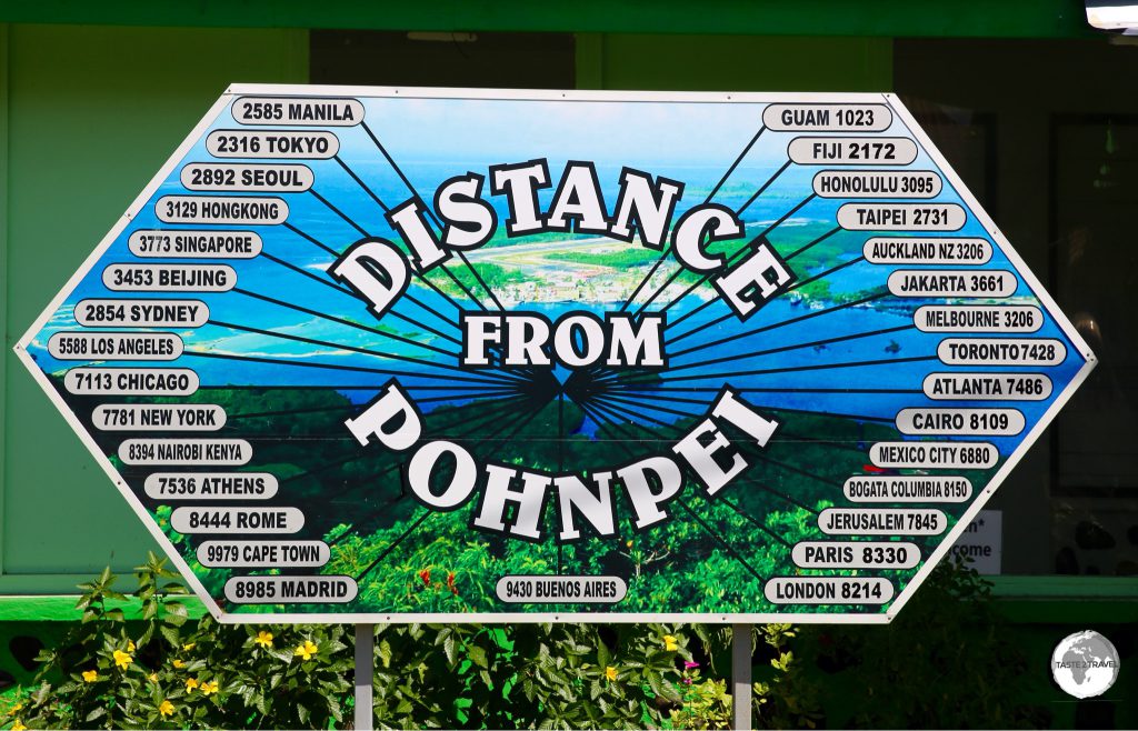 Distance marker in Kolonia - everywhere is a long way from Pohnpei.