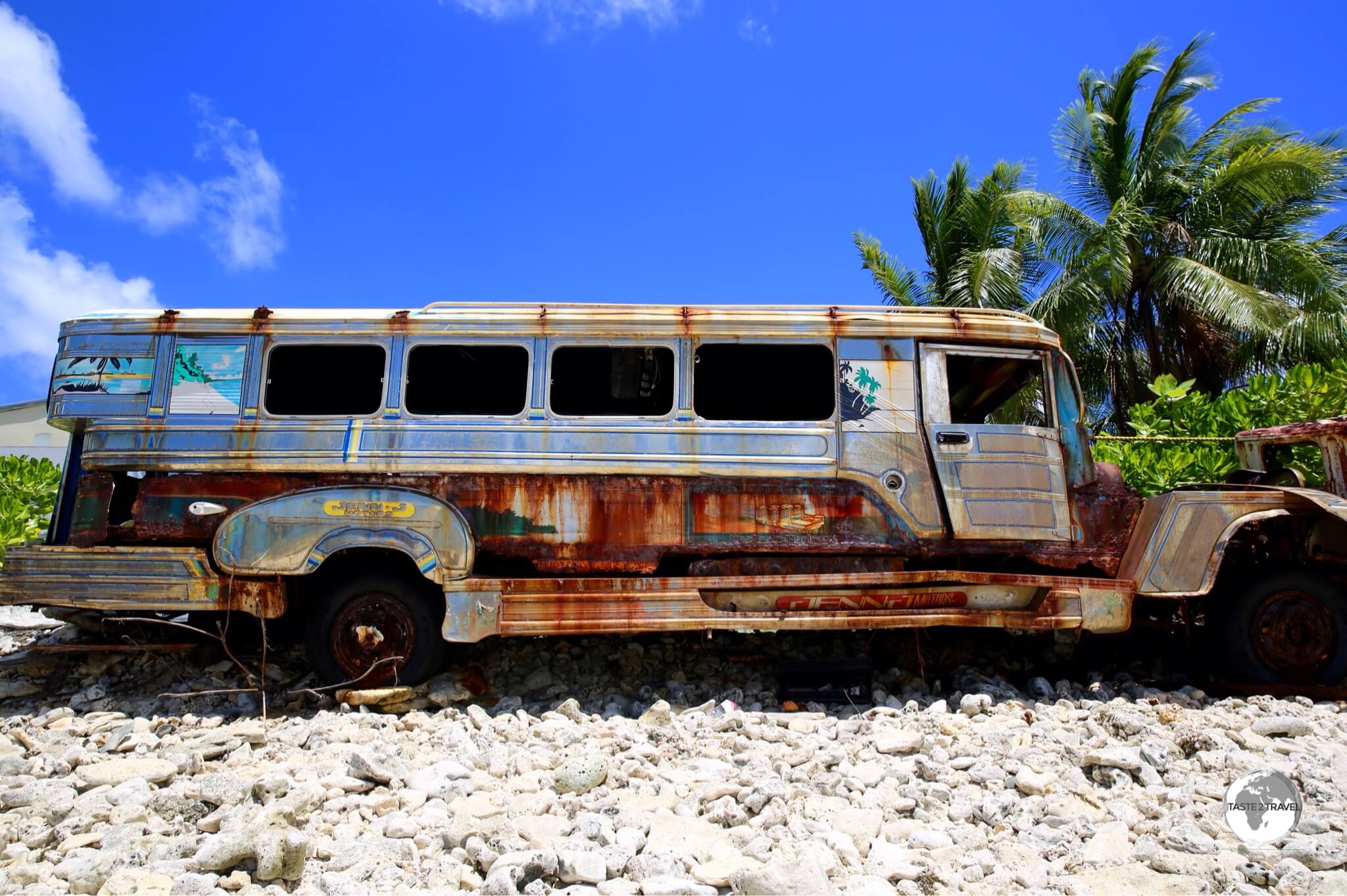 An abandoned Filipino Jeepney lies on the beach on Funafuti - a long way from the streets of Manila. 