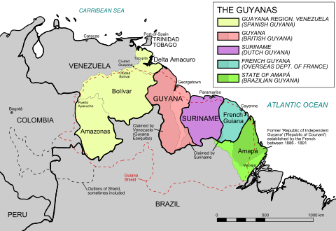 An historical map showing the five Guyanas.