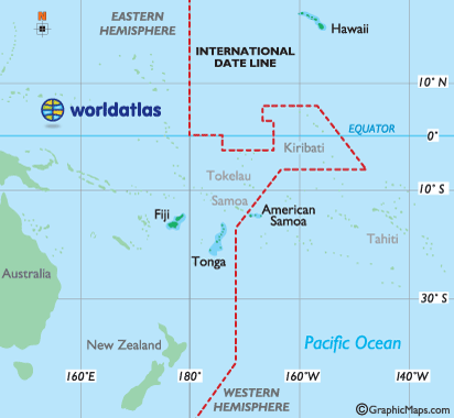 The International Date Line separates the two Samoas. Source: https://www.worldatlas.com