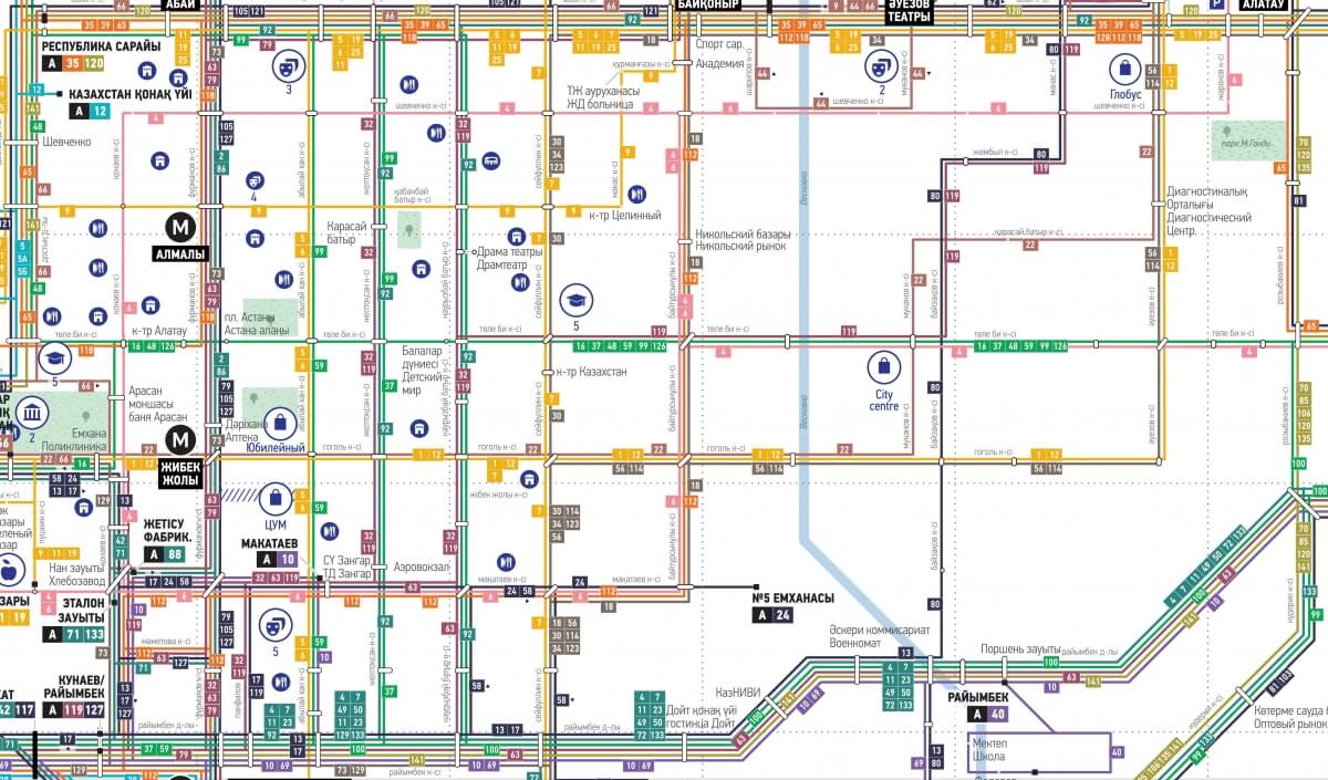 The Almaty bus route map. 