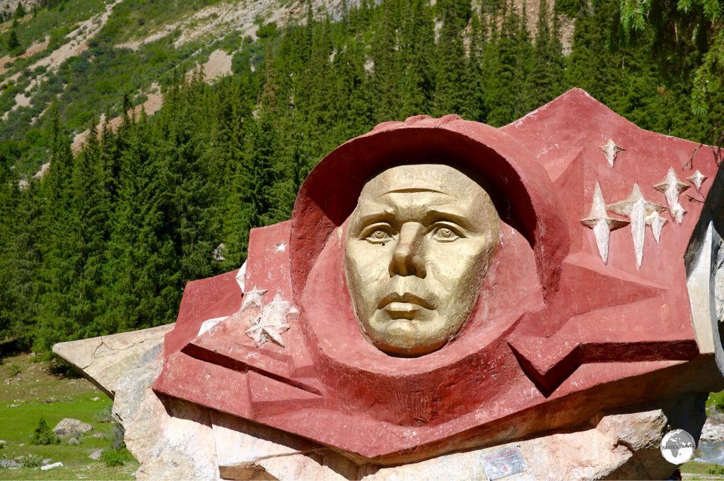The face of cosmonaut Yuri Gagarin is carved into a boulder in the Barskoon valley.