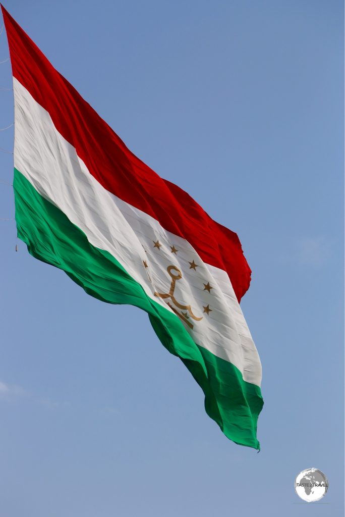 The giant 350-kg flag of Tajikistan, flying in downtown Dushanbe. The flag measures 60 m X 30 m.