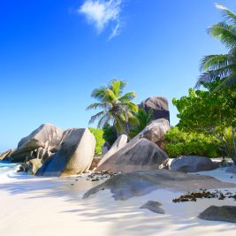 Anse Source d’Argent has been voted "the most beautiful beach" in the world. Praslin island is visible in the background.