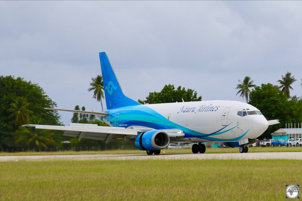 The Nauru Airlines cargo plane, a converted Boeing 737, arriving at Nauru airport.