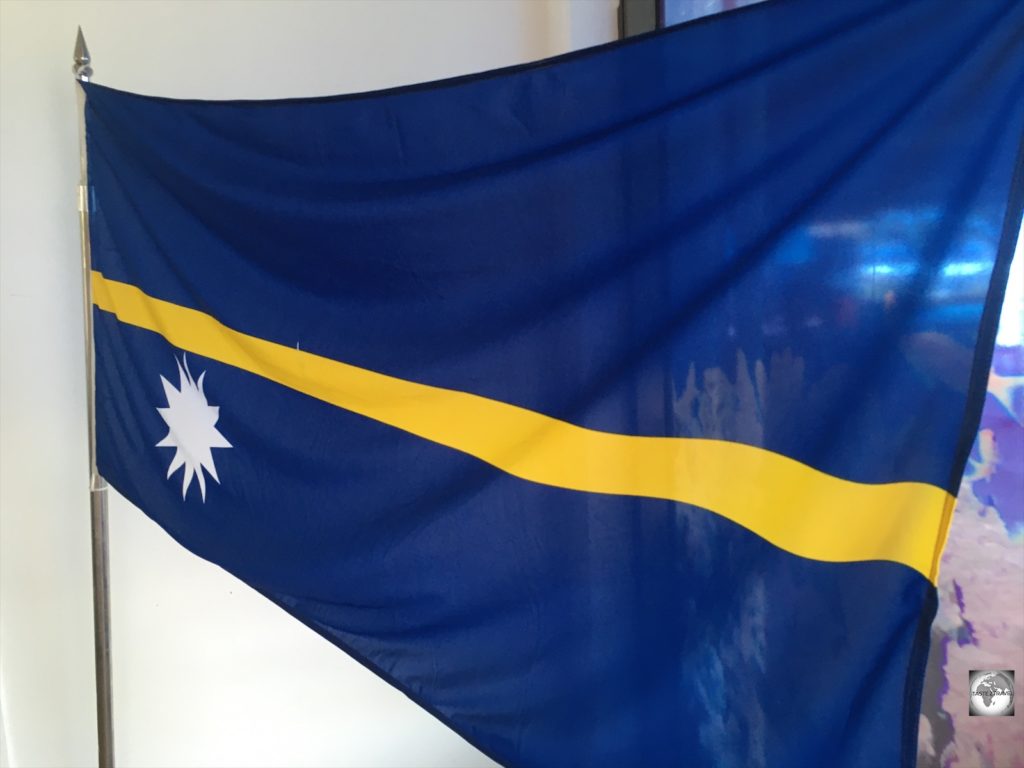 A flag of Nauru which is displayed in the lobby of the Menen hotel.