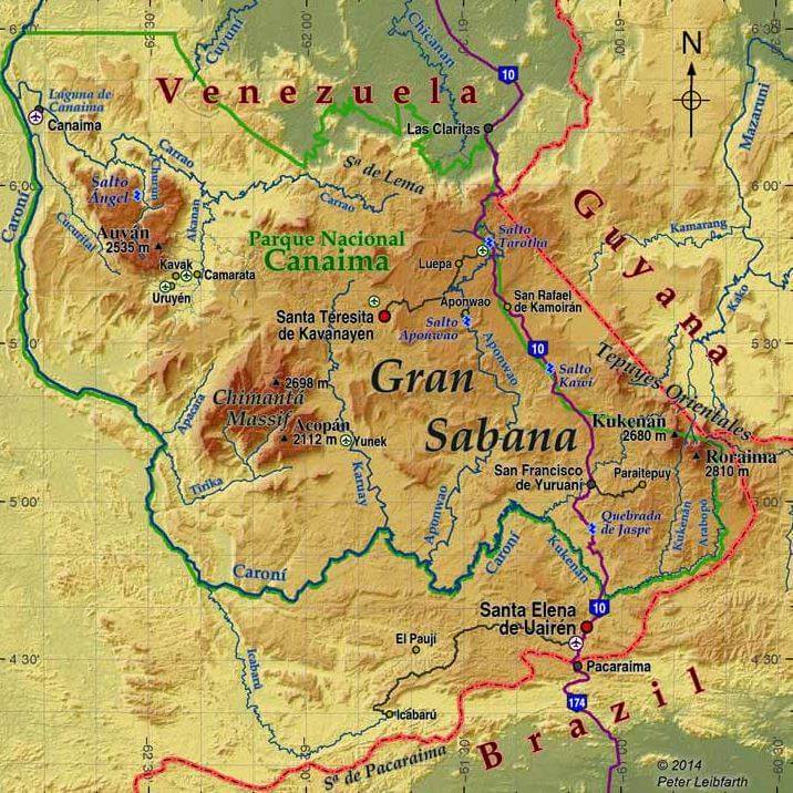 A map of Canaima National Park which includes Angel Falls, the world's highest waterfall.