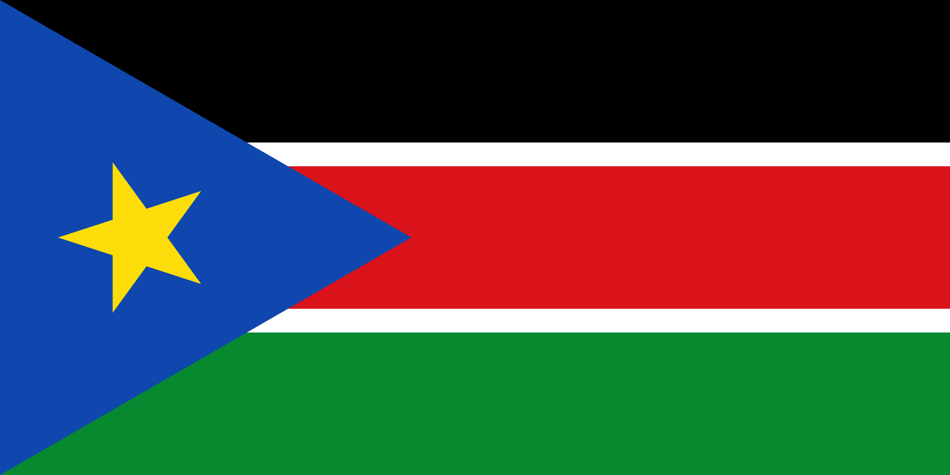 The flag of South Sudan, bearing a tilted star. 