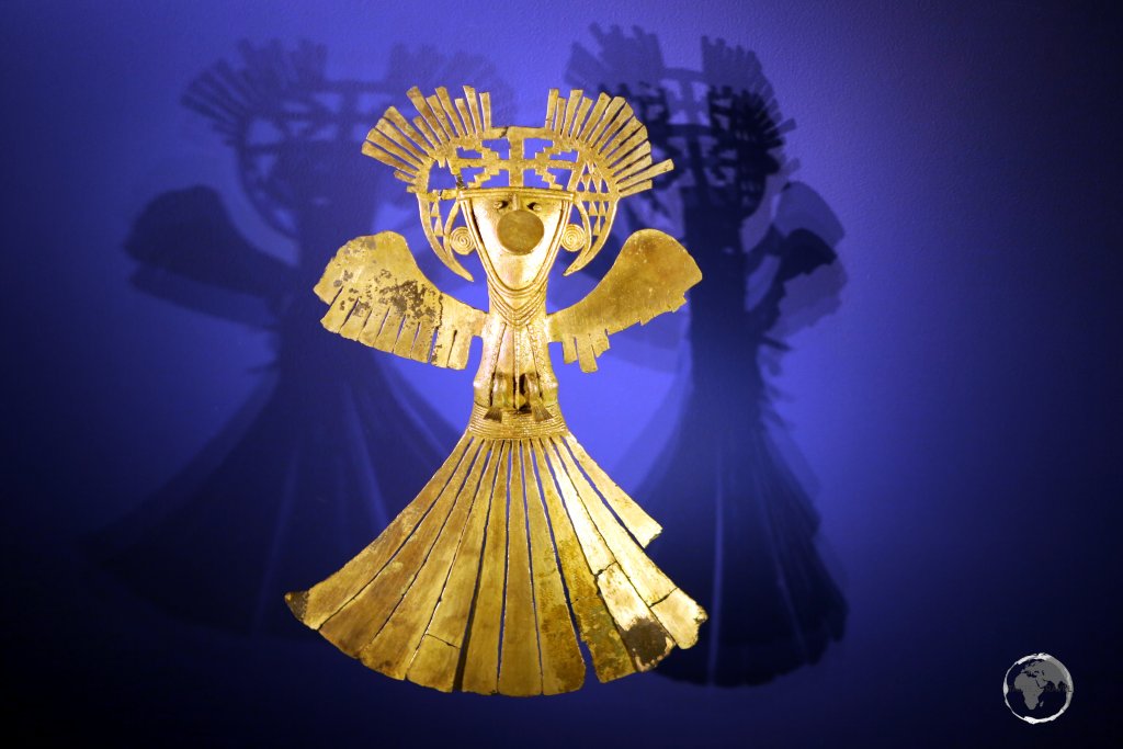 A pre-Colombian gold object on display at Bogota's 'Museo del Oro' (Museum of Gold), which contains the largest collection of gold artefacts in the world.