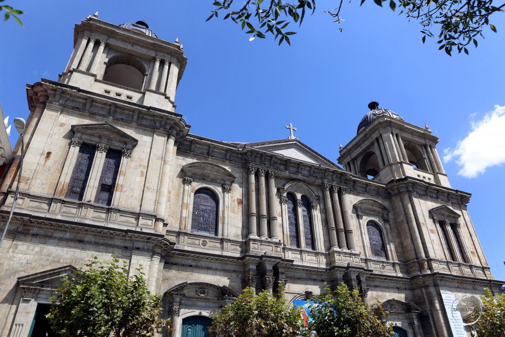 Constructed in 1835, 'Catedral Metropolitana Basílica Nuestra Señora' (Cathedral of La Paz) overlooks Plaza Murillo in the city of La Paz, Bolivia.