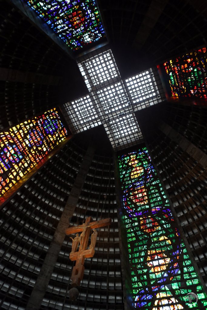 Interior panorama of the Cathedral São Sebastião, in downtown Rio de Janeiro, whose stained-glass windows soar 64 metres (210 ft) from floor to ceiling.