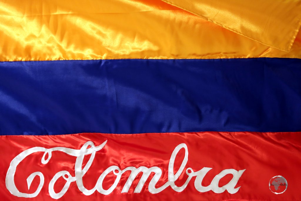 A stylised Colombian flag in the Museo de Antioquia (Museum of Antioquia), an art museum in Medellín, Colombia.