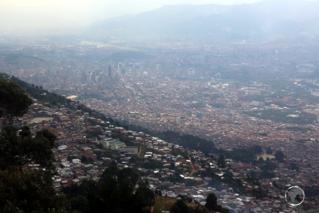 A panoramic view of Medellin from the Metrocable, a gondola lift system which was created to provide access to the sprawling, poorer hilltop neighbourhoods of the city.