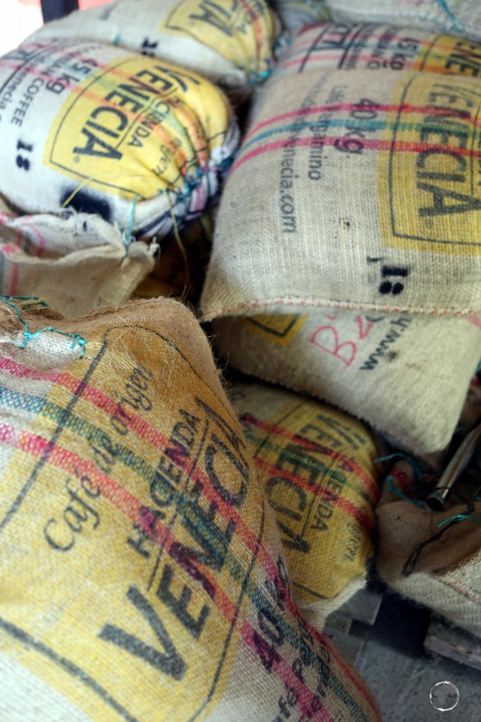 Sacks of coffee beans at Hacienda Venecia, which is located in a valley, 16 km south-west of Manizales, in the 'Zona Cafeteria' - the main coffee production area of Colombia.