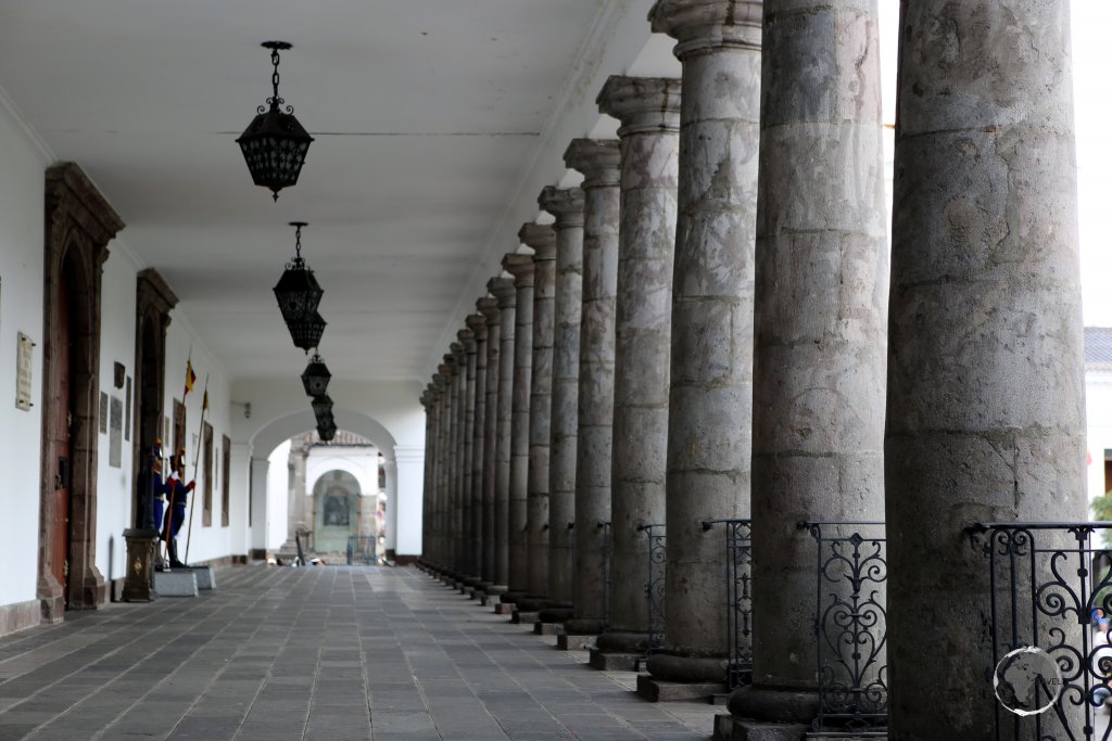 A view of the immense columns which front Carondelet Palace, the seat of the government of the Republic of Ecuador.