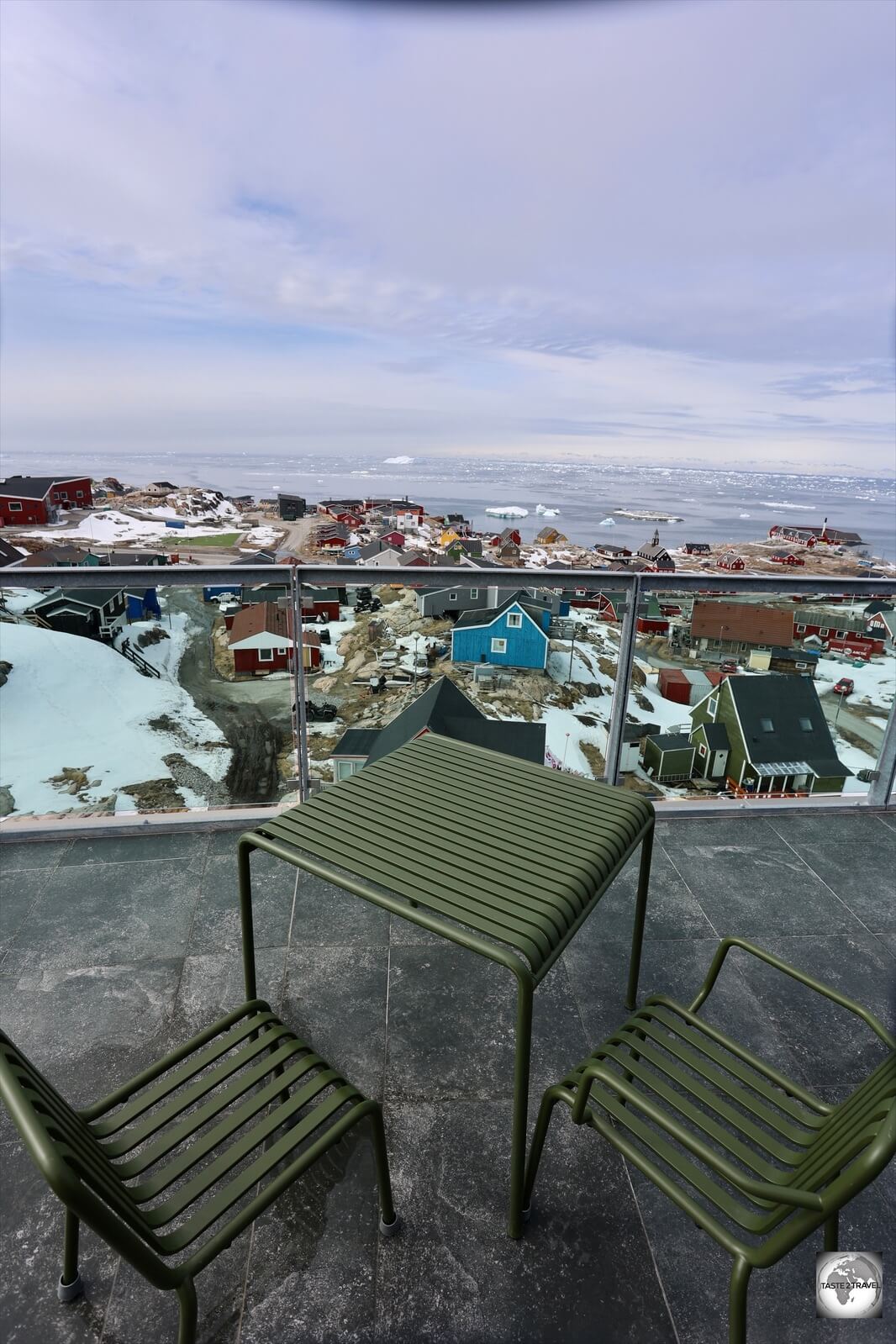 A view of Ilulissat and Disko Bay from the rooftop restaurant at the Best Western Hotel Ilulissat.