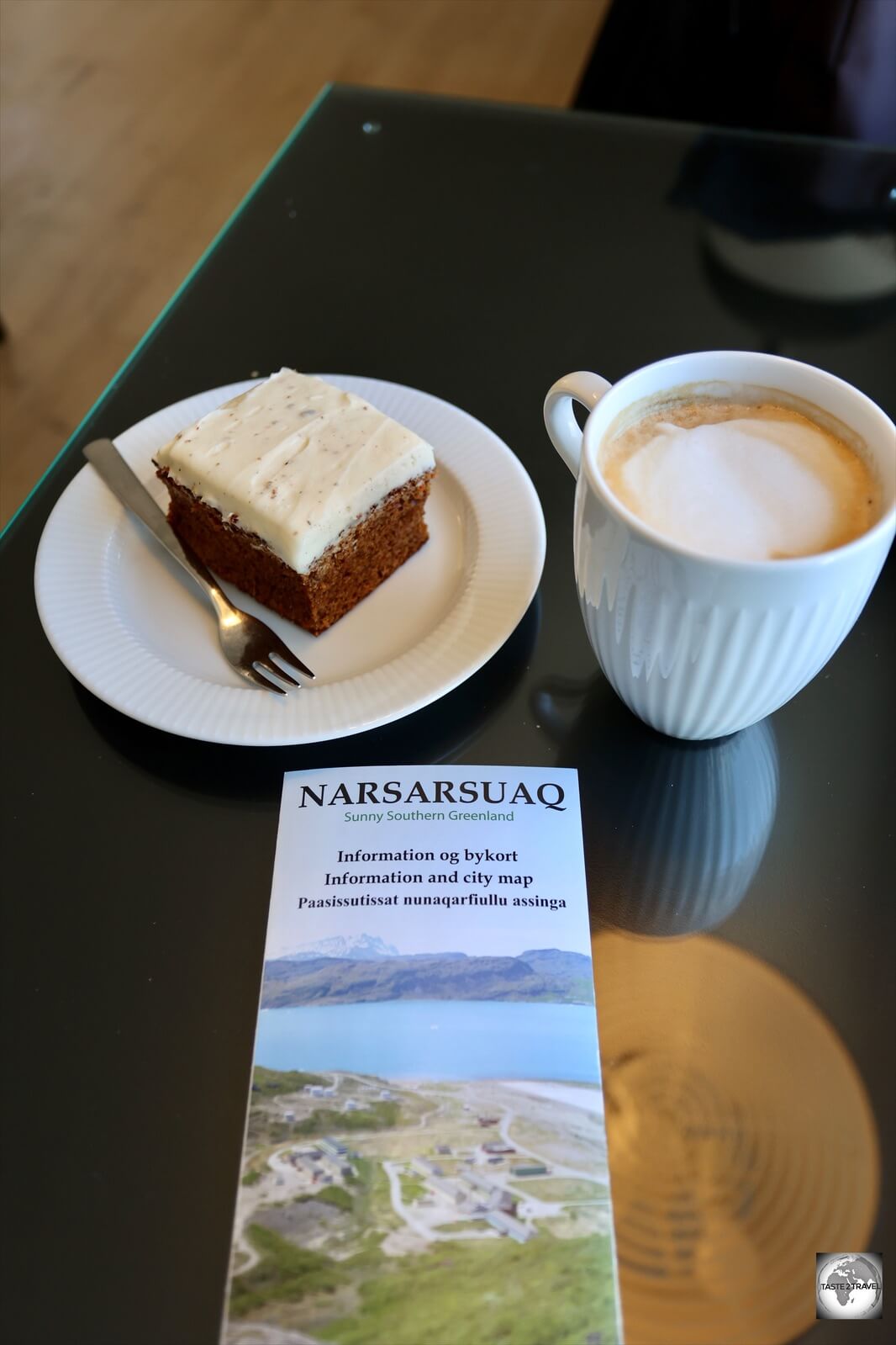 A café latte and a slice of homemade carrot cake at the Cafe Polar-tut in Narsarsuaq.