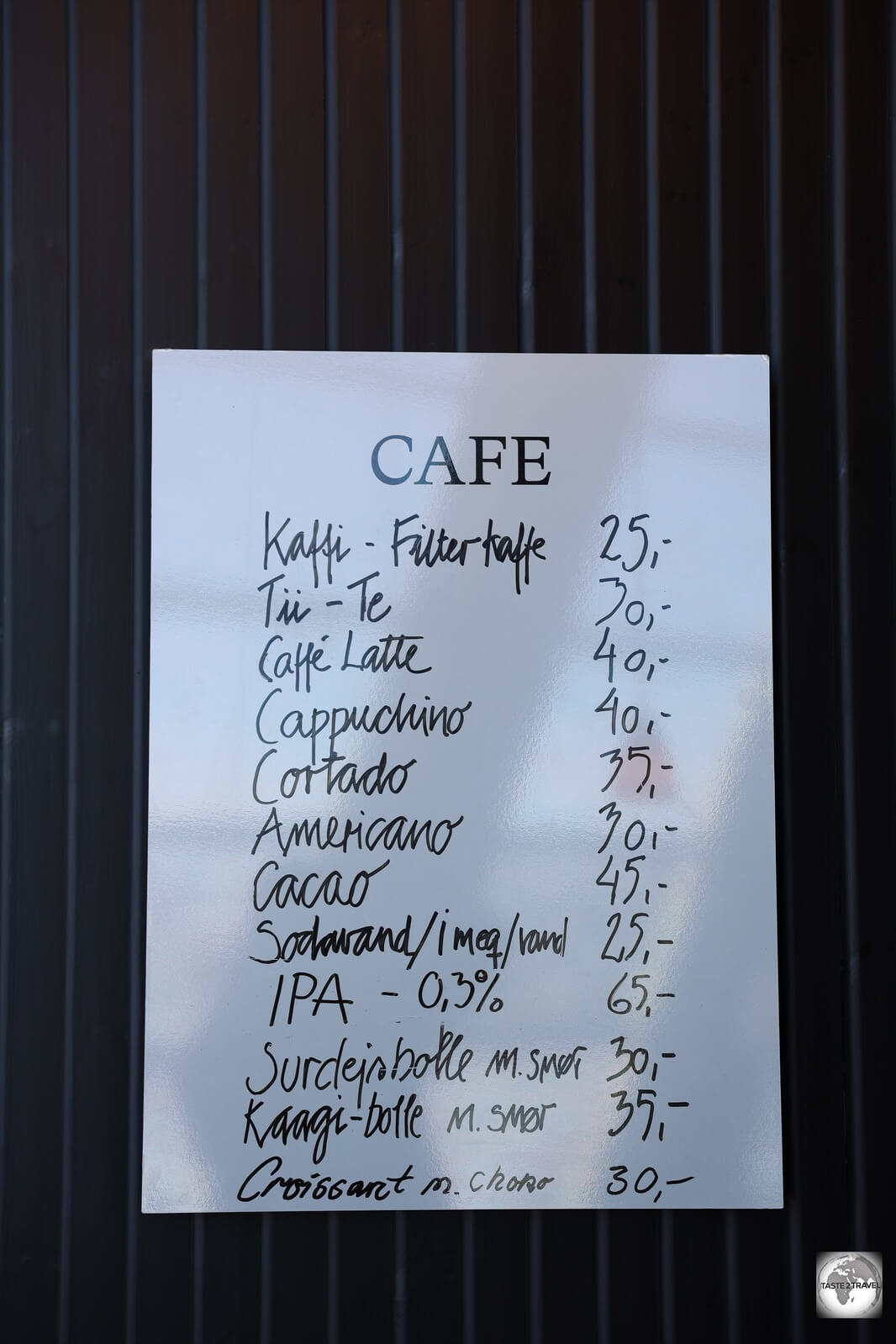 The drinks menu at a cafe in Ilulissat. 