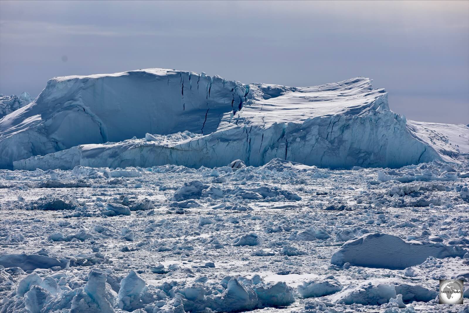 A view of icebergs in the Ilulissat Icefjord.