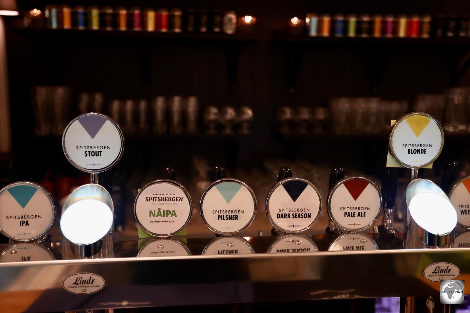 Beer taps, featuring the full range of beers, in the tasting room at Svalbard Brewery.