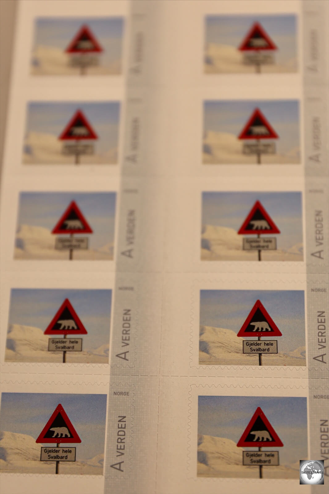 The famous polar bear roadside warning sign is featured on a Svalbard stamp. 