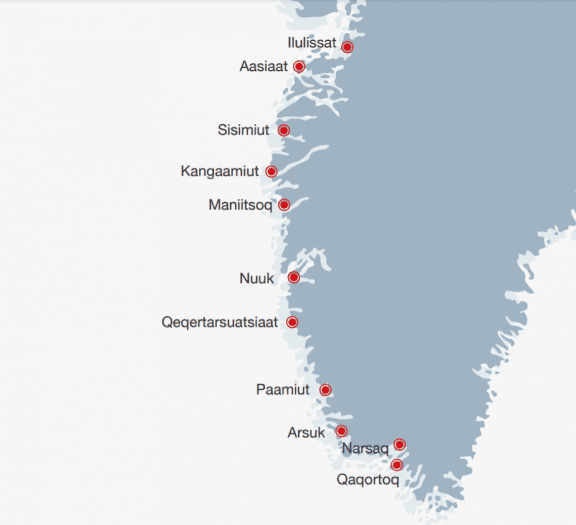 The Sarfaq Ittuk sails between Ilulissat and Qaqortoq.