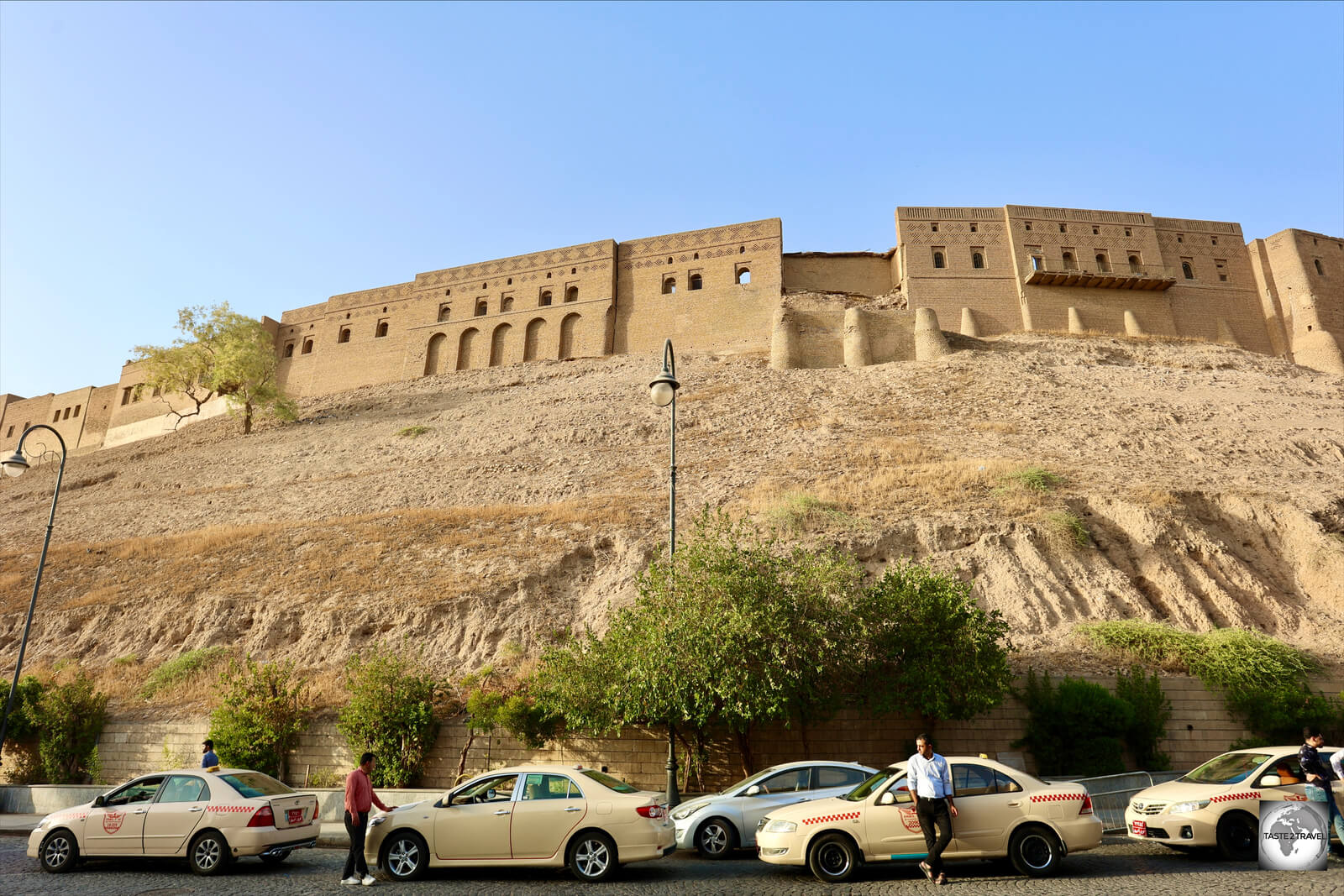 Taxis parked outside Erbil Citadel. 