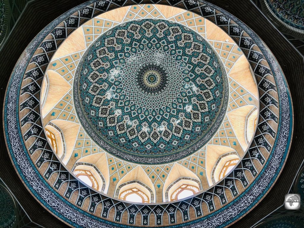 The intricate, tiled, central dome of Al-Sahlah Mosque in Kufa.