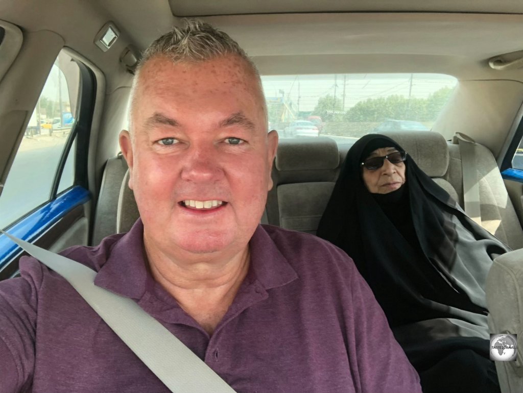 Myself and an elderly lady, sharing a shared taxi from Baghdad to Karbala.
