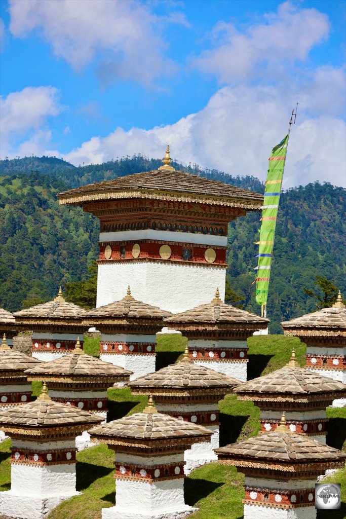 A view of the main Chorten which is surrounded by three rows of smaller Chortens.