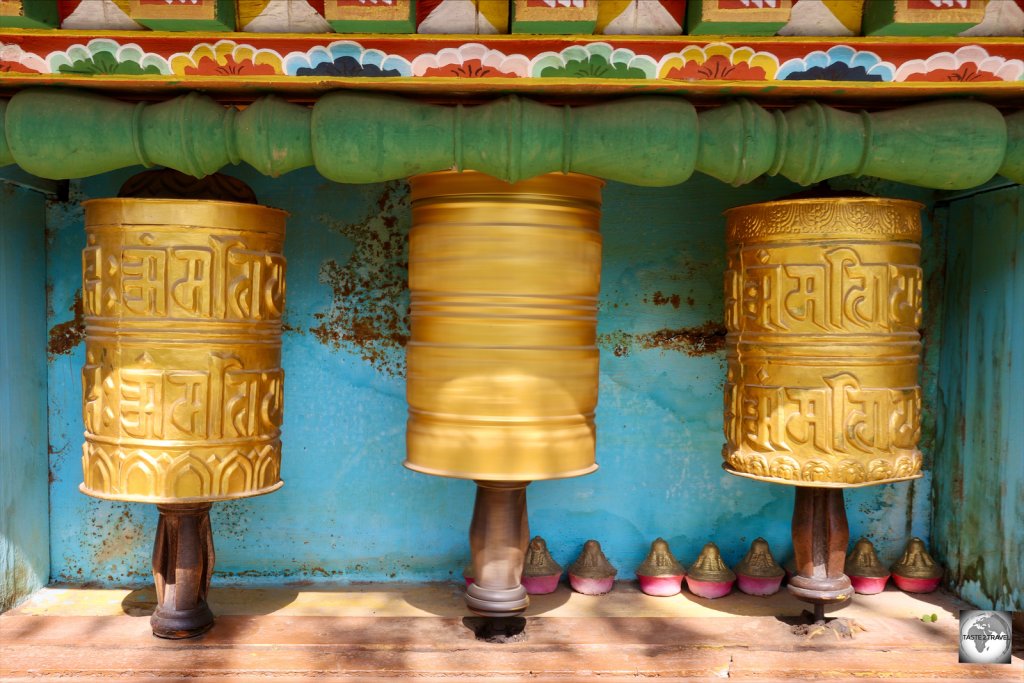 Prayer wheels at Khuruthang Lhakhang (temple).