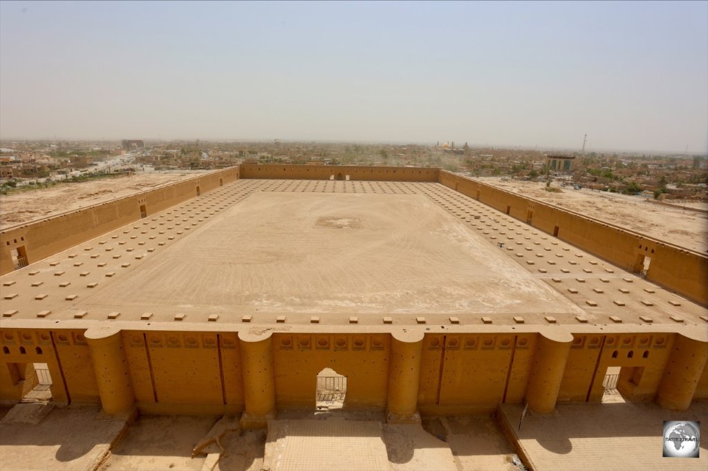 A view of the former Great Mosque of Samarra from the top of the Malwiya (spiral) minaret.