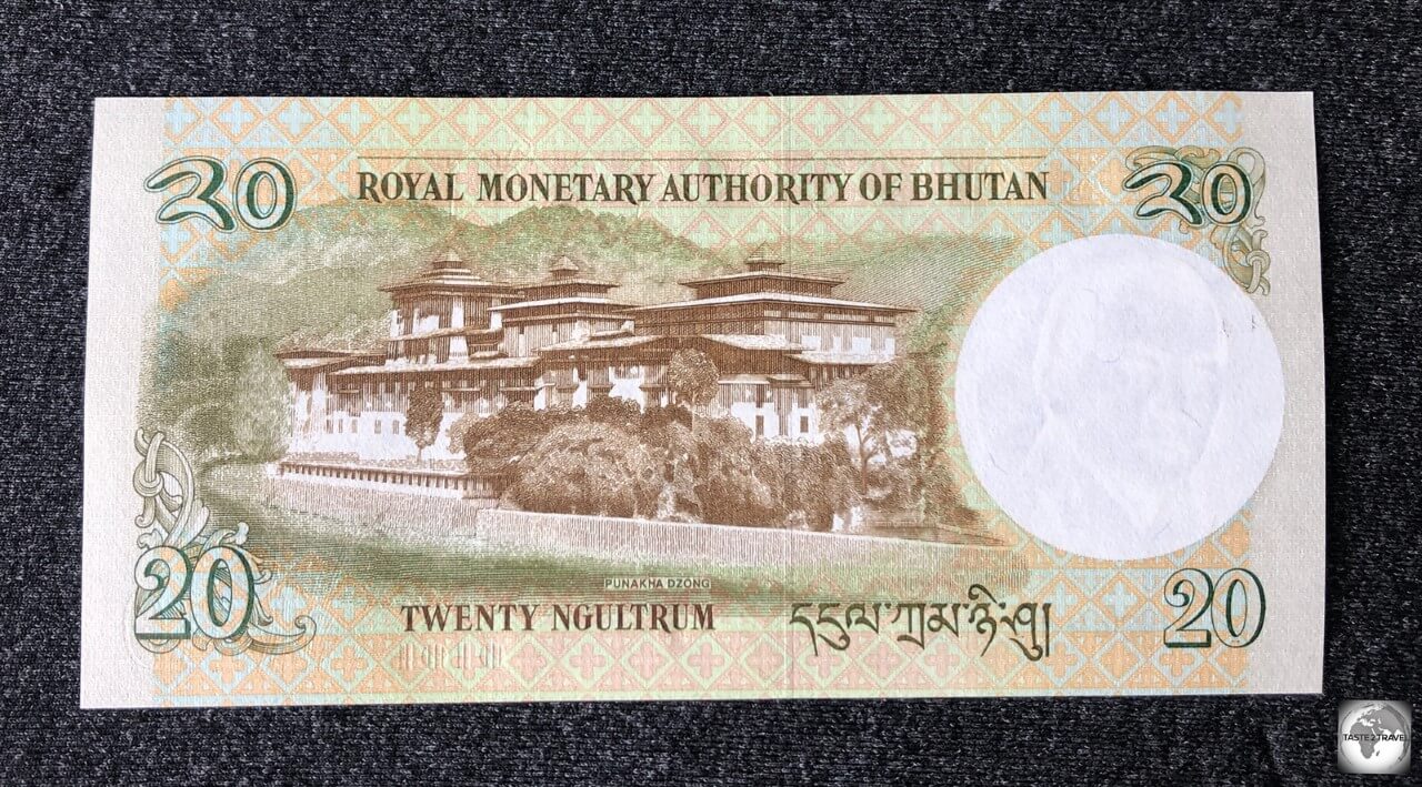 The 20-ngultrum banknote features Punakha Dzong.