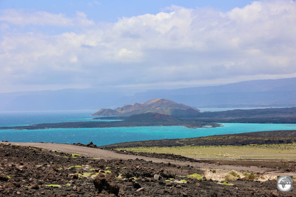 A view of Ghoubbet Bay, and lava fields, near Lake Assal.