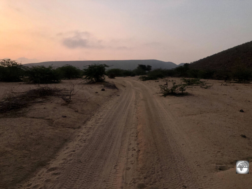 Early morning view of the long and windy track which leads through the desert to Hargeisa.