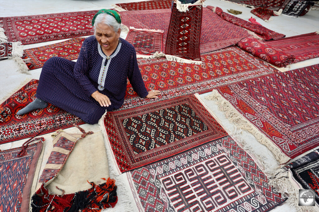 This kind lady offered to sell me this small Turkmen carpet for just US$10.
