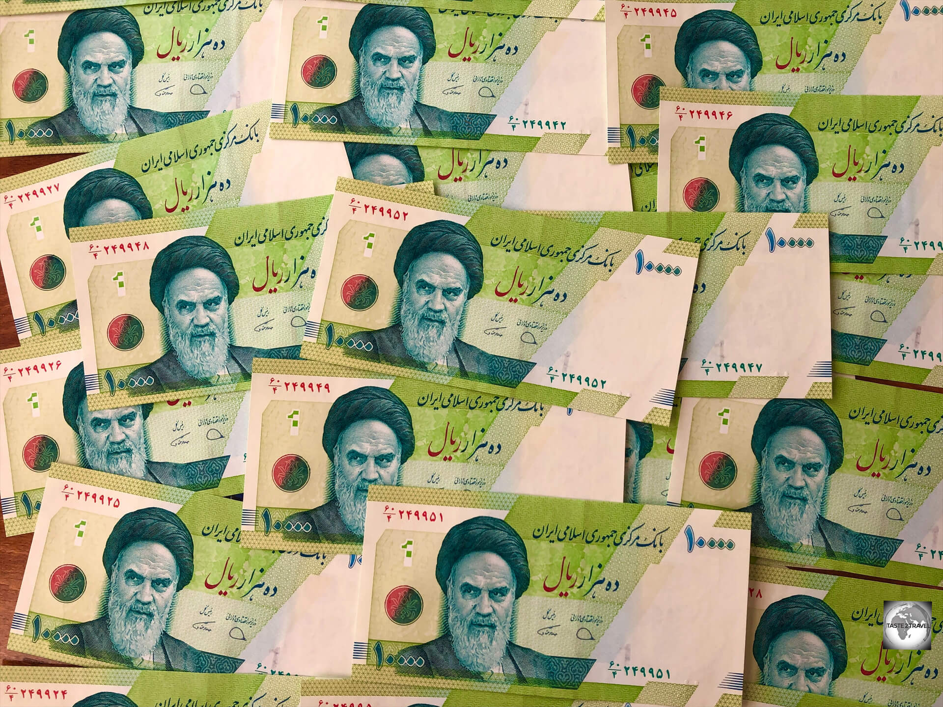 Iran rial banknotes, featuring the image of Ayatollah Khomeini, the first supreme leader of Iran. 