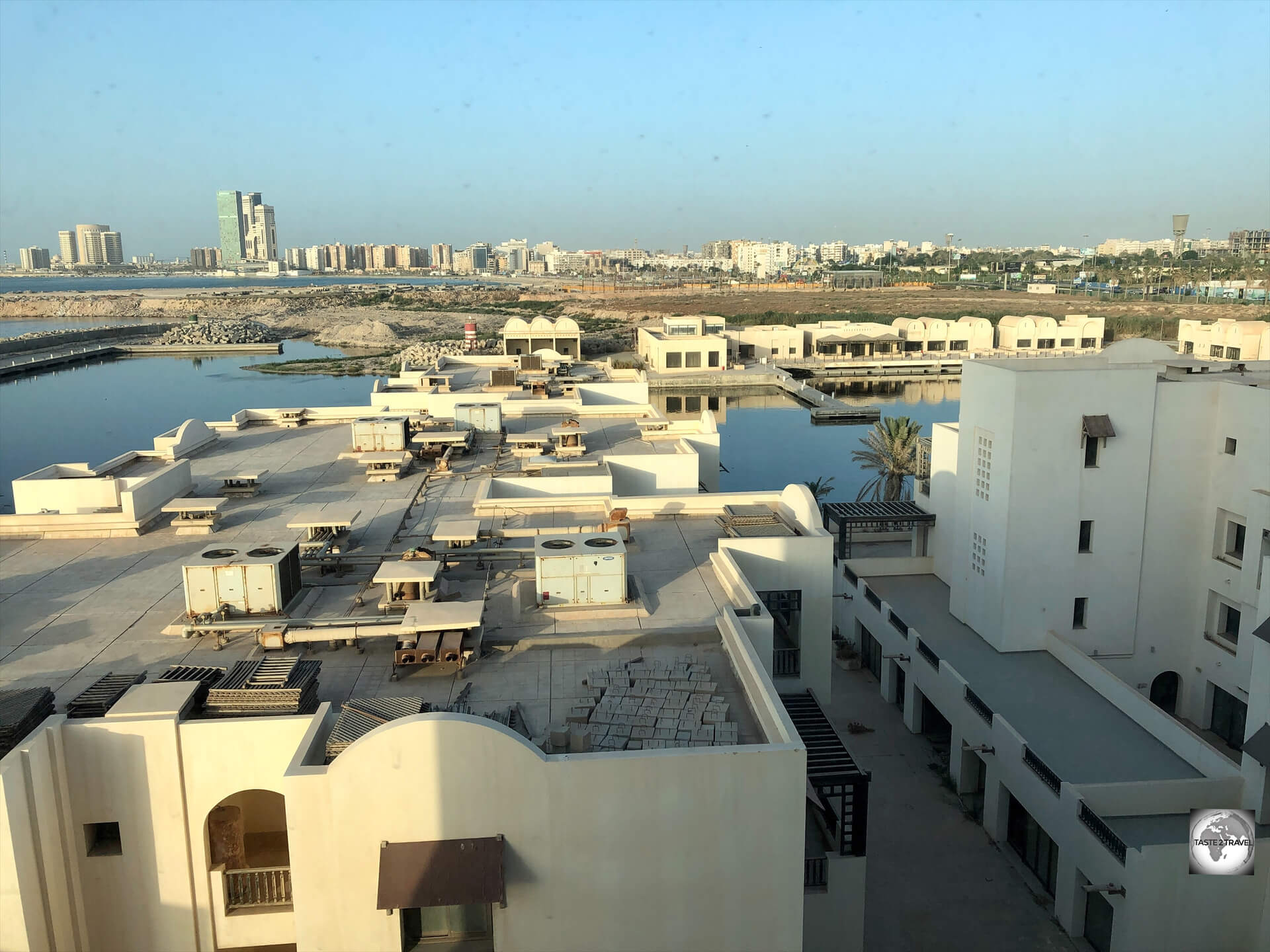 A view of the abandoned Sheraton marina and luxury villas complex.  