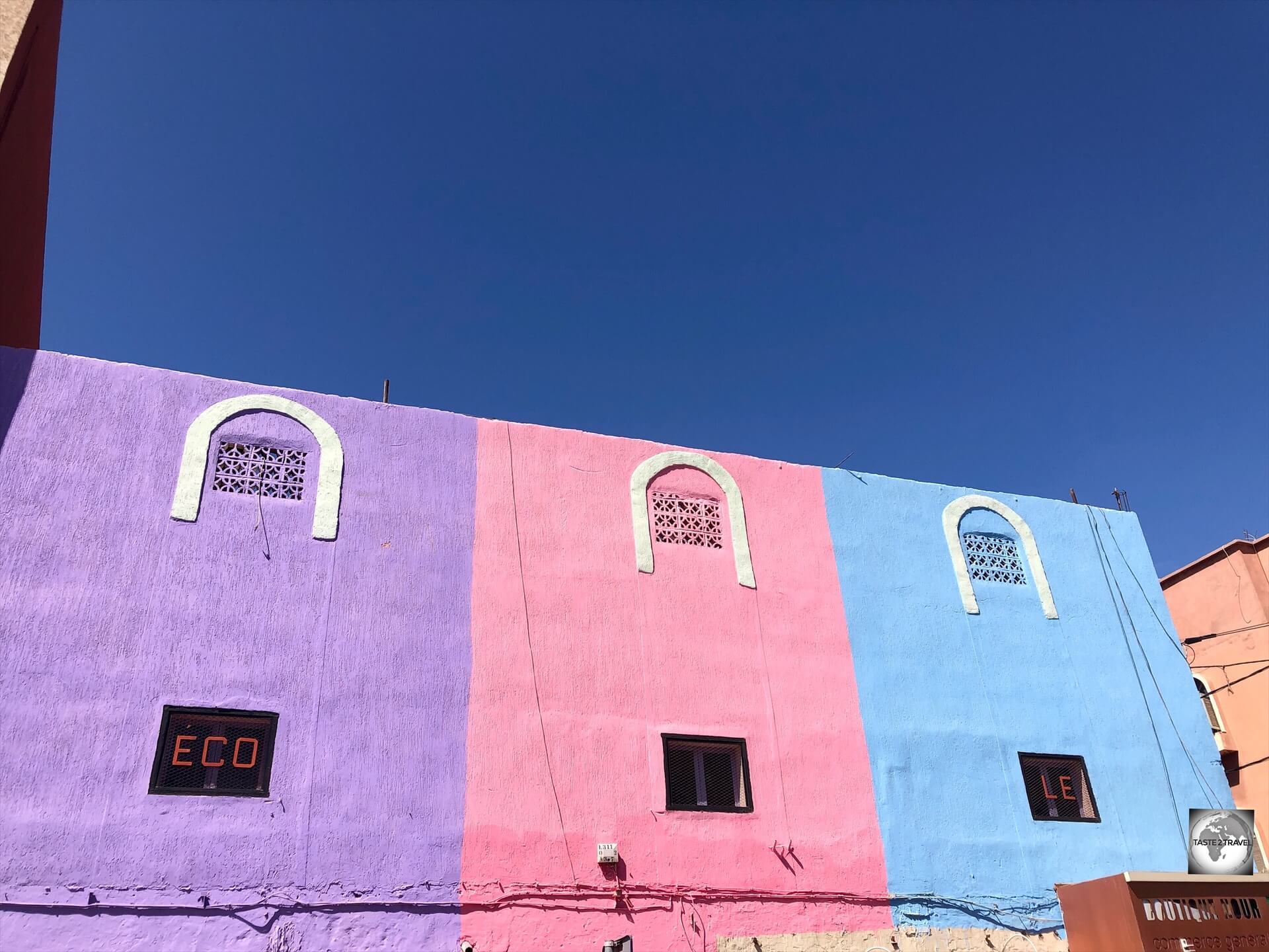 Colourful shopfronts in downtown Laayoune. 