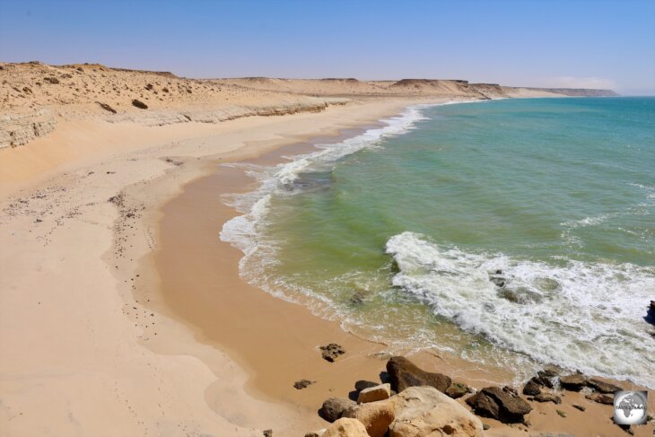 A view of the coast of Western Sahara at Puerto Rico beach, south of Dakhla.