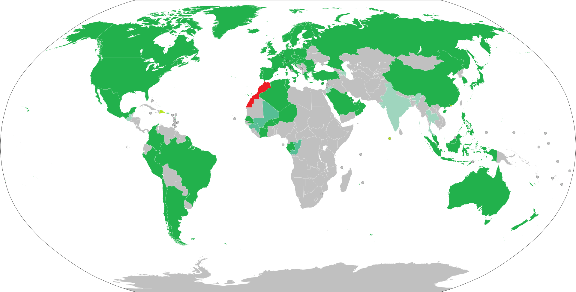 The Visa Policy Map of Morocco - countries in dark green enjoy visa-free access for 90 days.<br />source: Wikipedia