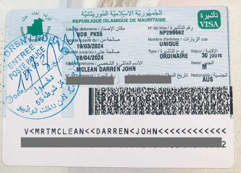 My Mauritanian Visa-on-arrival (VOA) which was issued at the Morocco/ Mauritanian land border. 