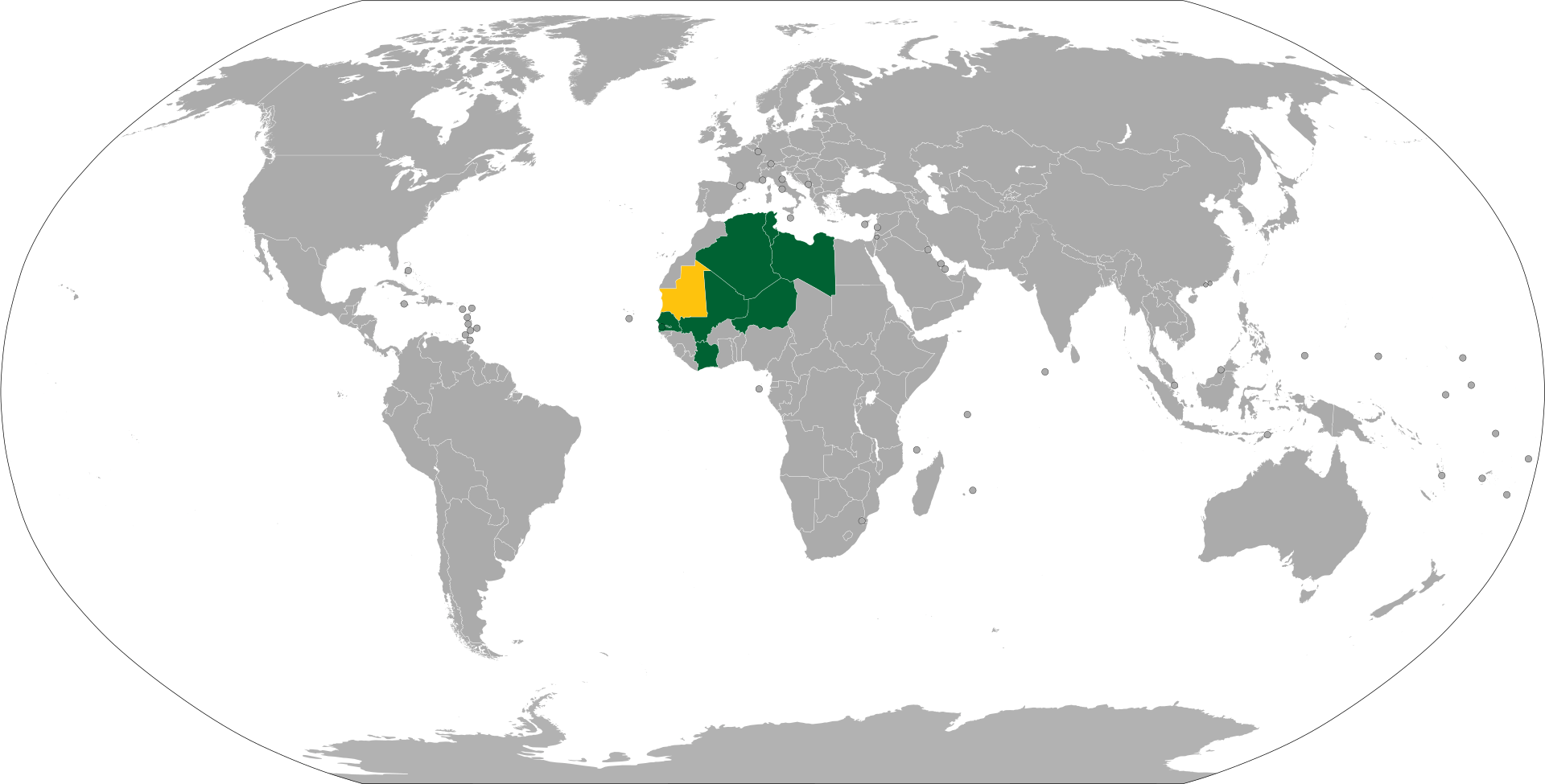 Visa policy map of Mauritania. 