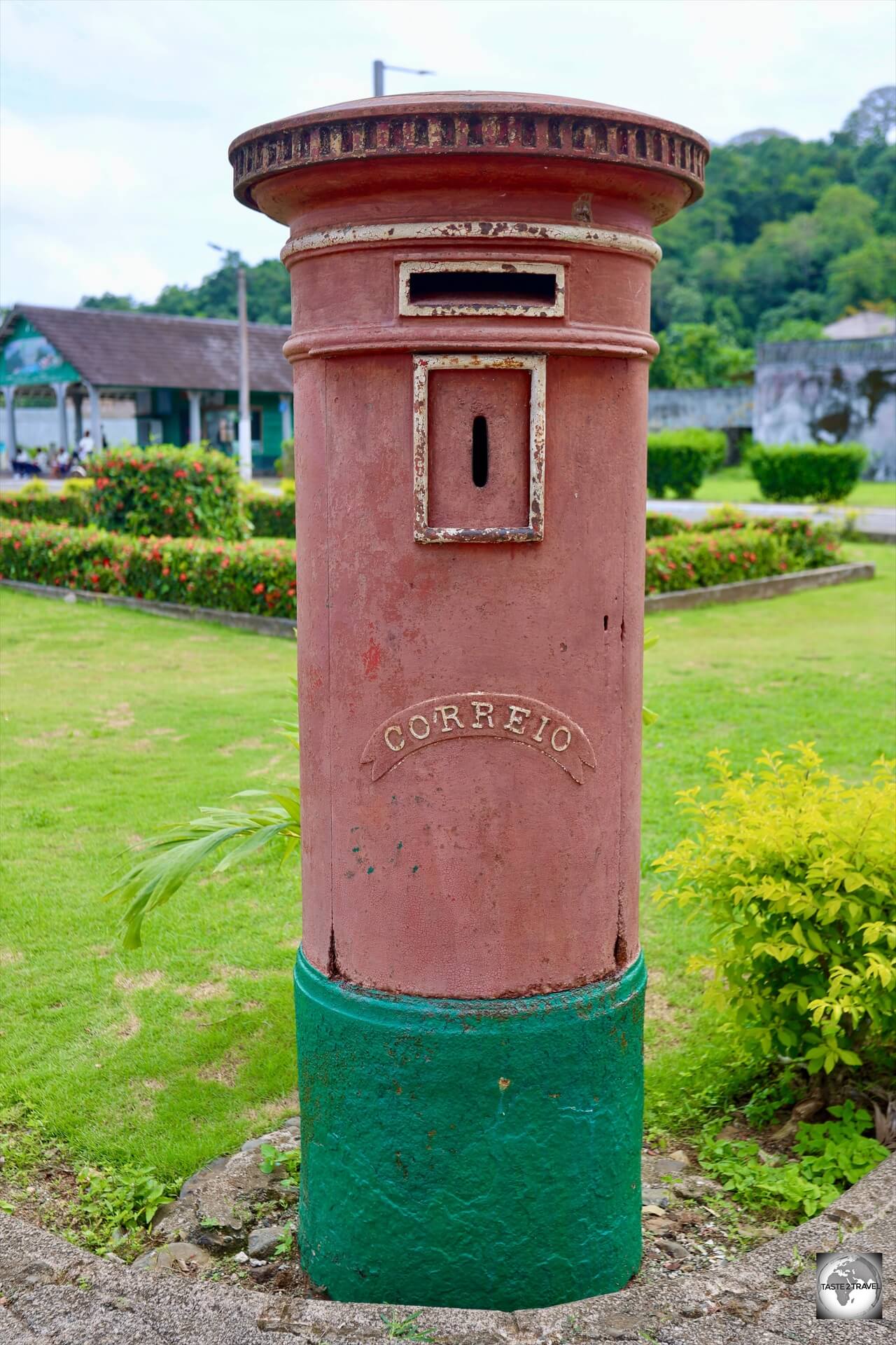 Portuguese post box on the main square of Santo Antonio, Principe Island.