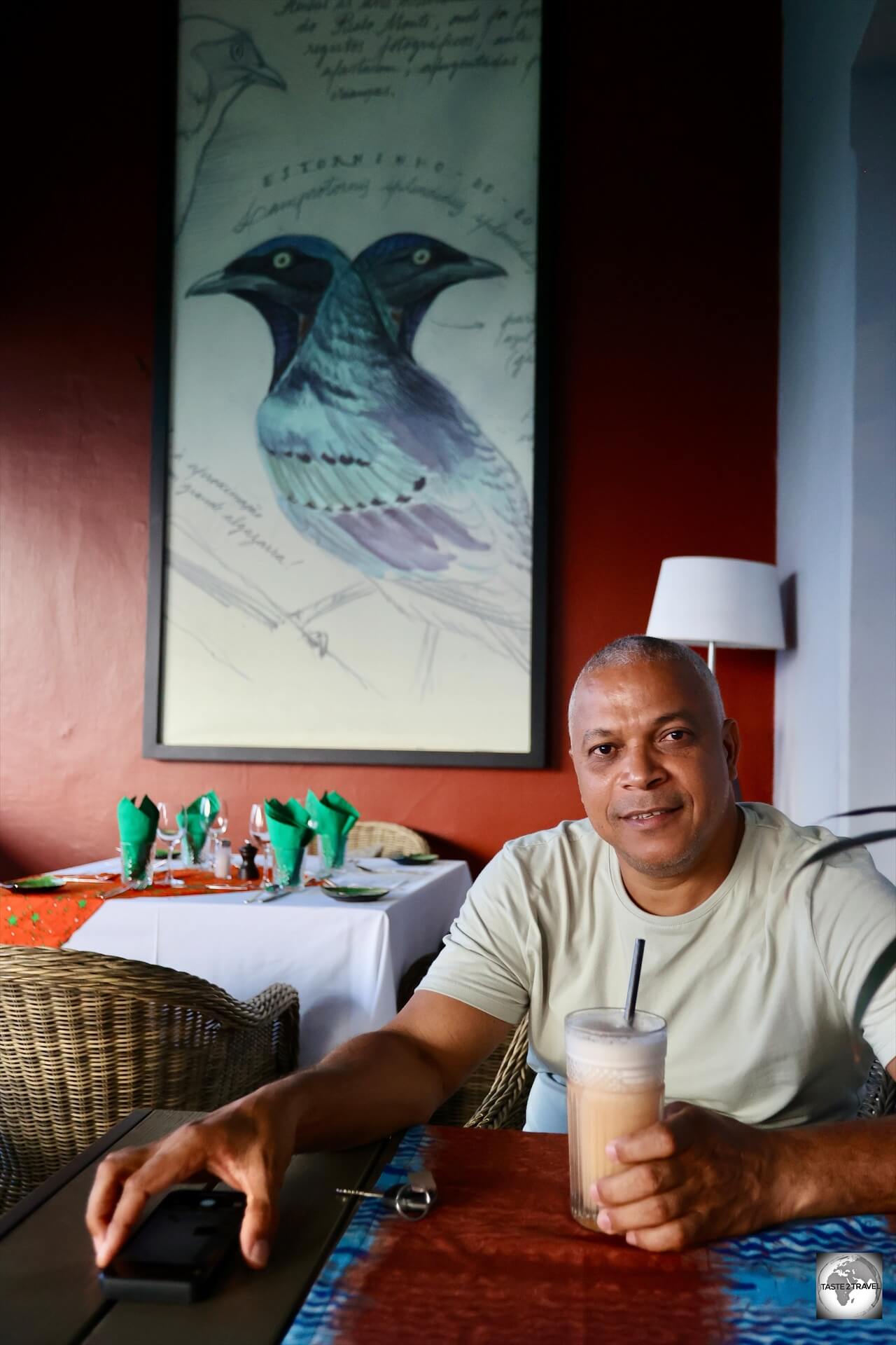 My host, and guide, on Principe, Carlos Manuel, enjoying a drink at the Hotel Roça Sundy.