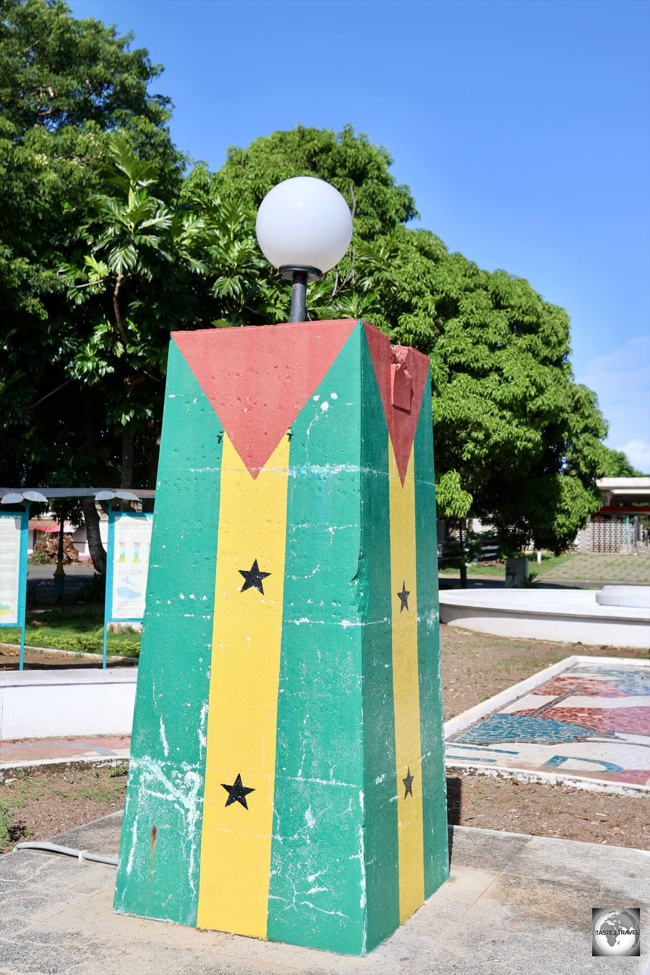 The flag of São Tomé and Príncipe, in a park in downtown São Tomé.