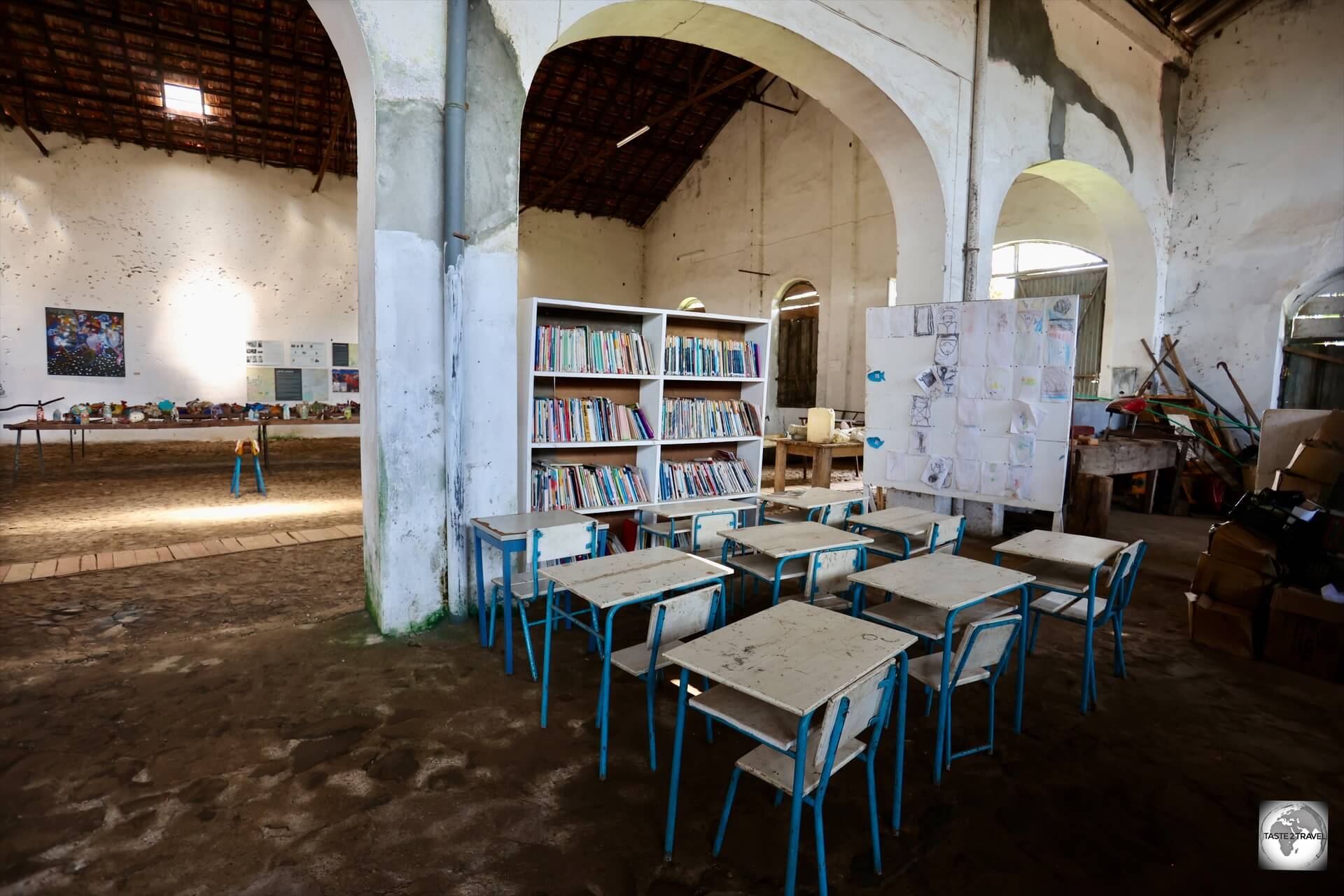 A community library, and classroom, have been installed inside the abandoned production facility at Roça Água Izé.