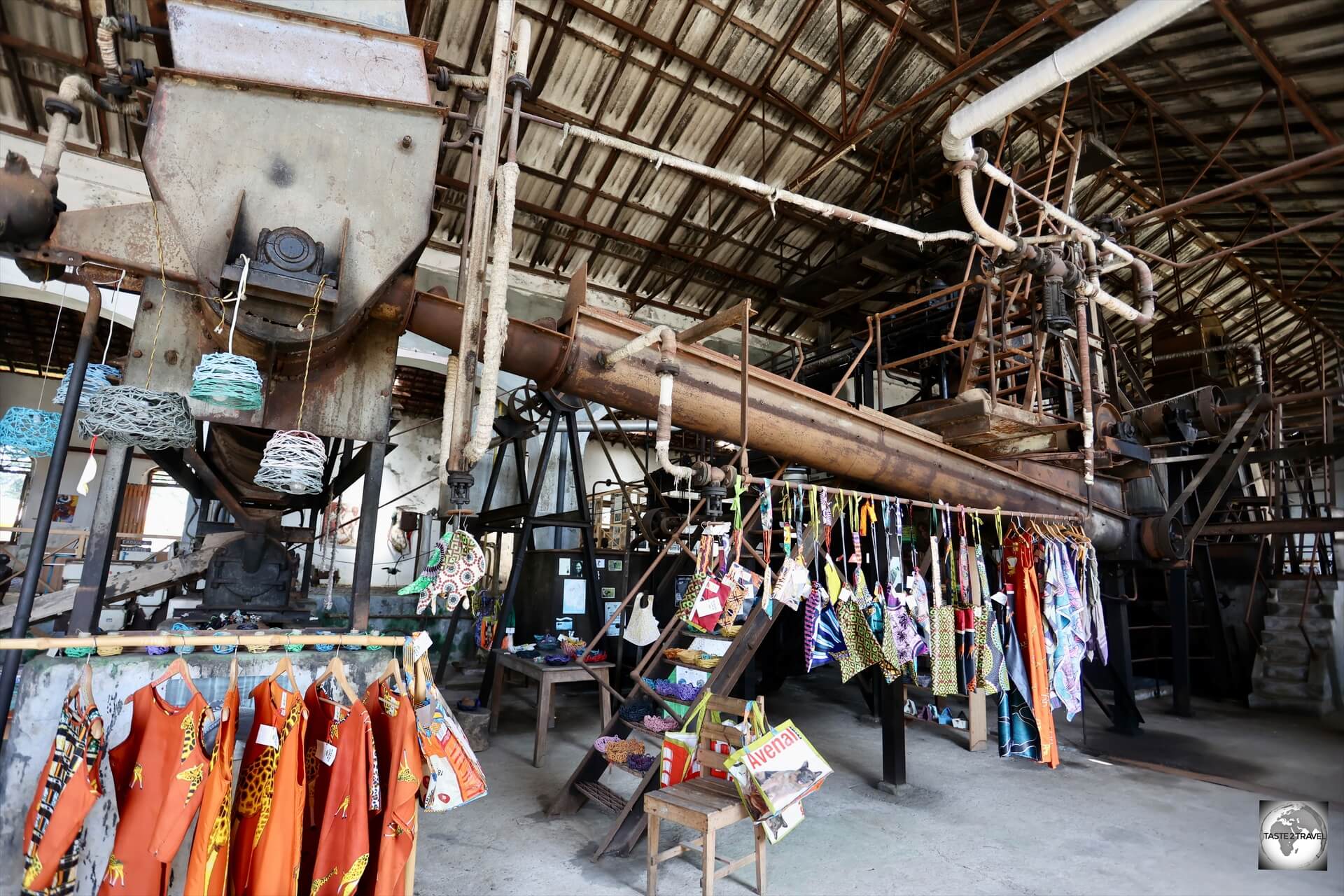 An artisanal shop has been installed on the old processing equipment at Roça Água Izé.