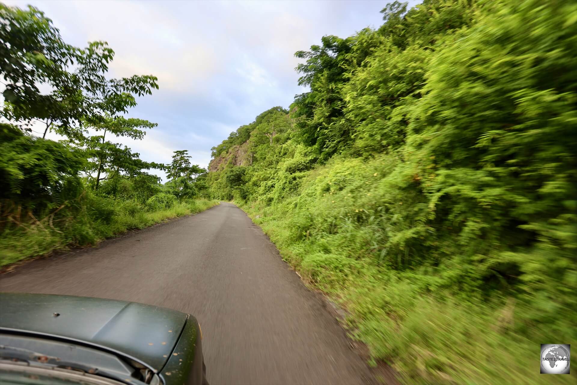 Exploring São Tomé Island in my rental car.