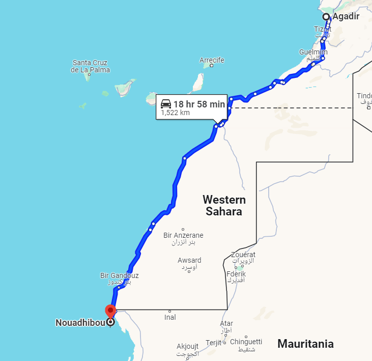 Road distance from Agadir to Nouadhibou.